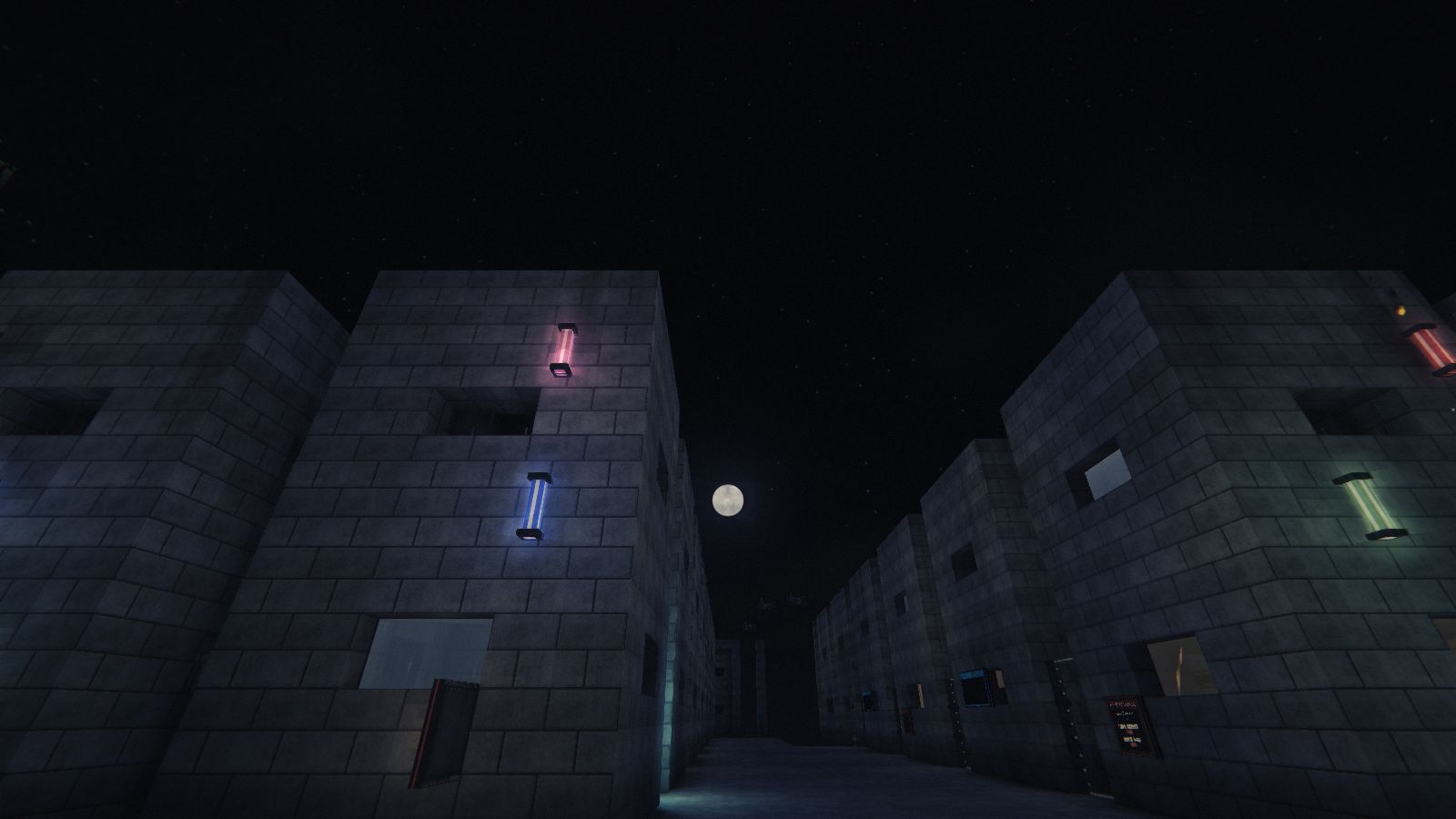 Une rue la nuit, pleine lune et étoiles au-dessus des néons