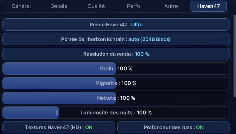 Le menu Vidéo, onglet Haven47 : réglage général, résolution du rendu et curseurs des réglages fins