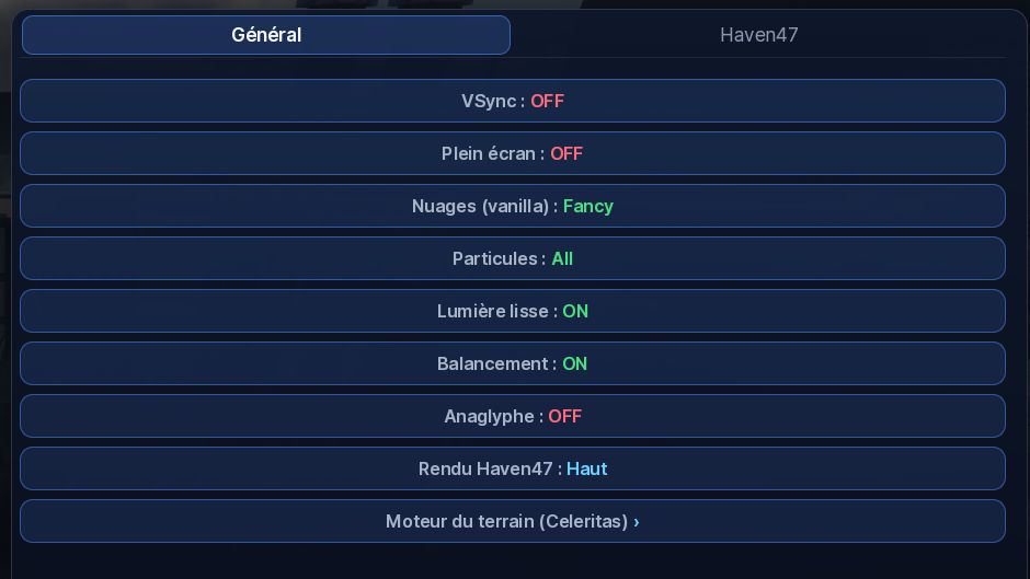 Le menu Vidéo sans OptiFine : onglets Général et Haven47, bouton Moteur du terrain